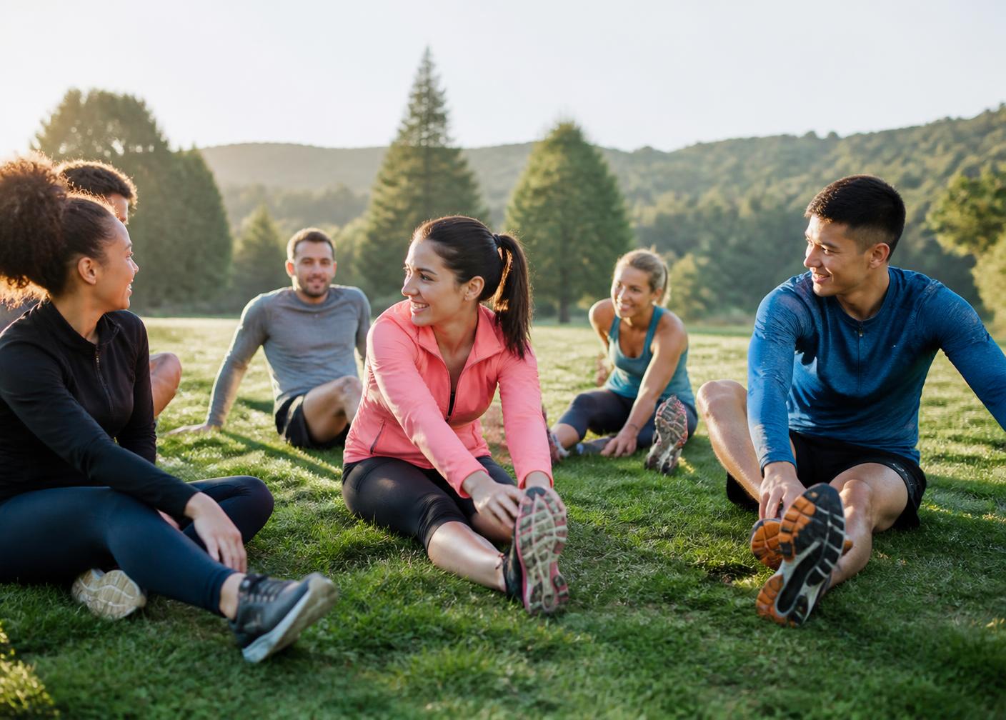 A group of adults stretching together on a grassy field