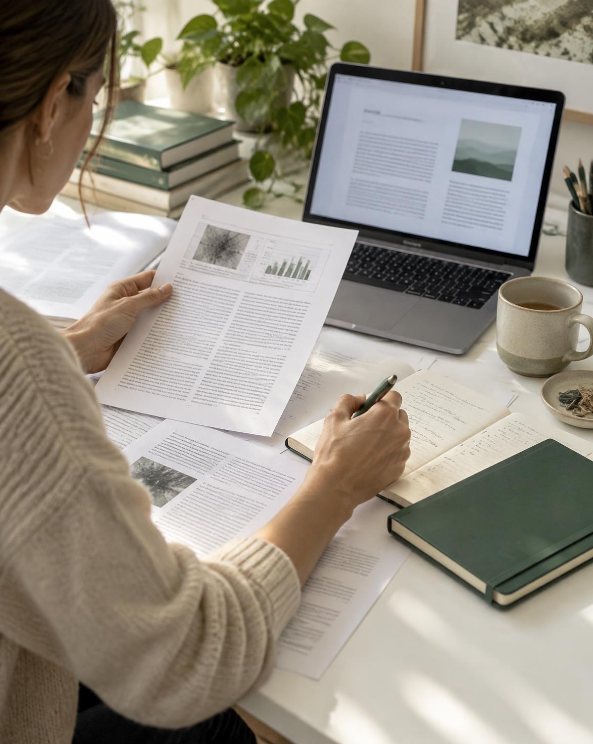 An editor comparing research papers and notes at a desk