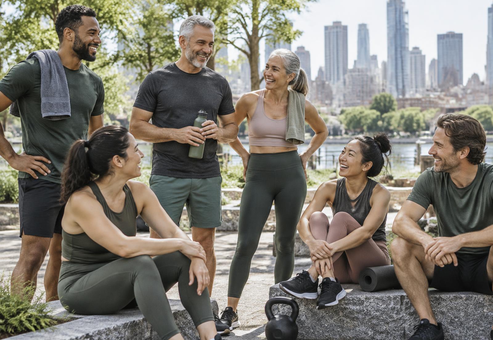 A mixed group of active adults talking after an outdoor training session