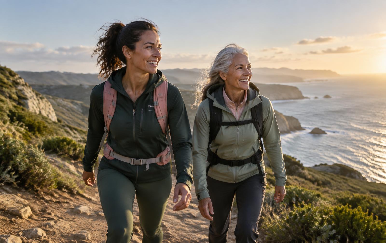 Two active women from different generations hiking together