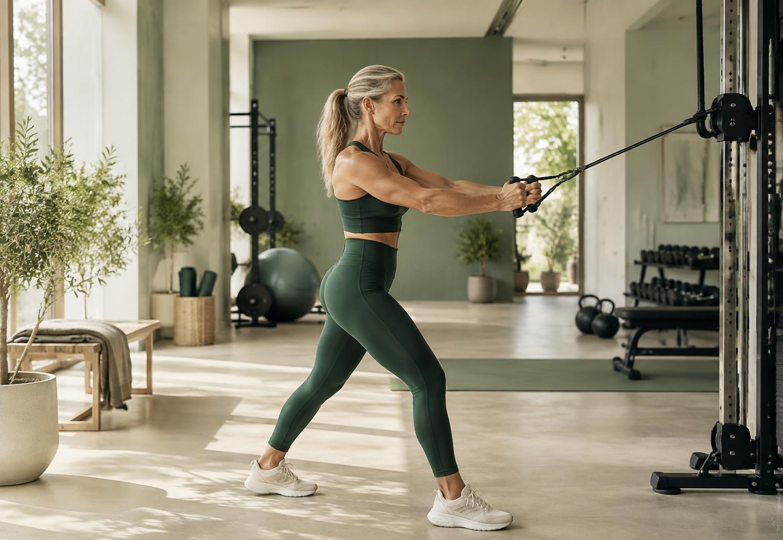 An active woman training with control in a bright studio