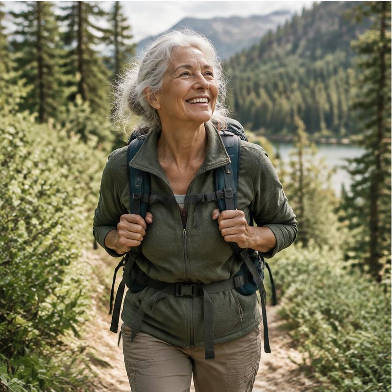 An older active woman hiking on a mountain trail