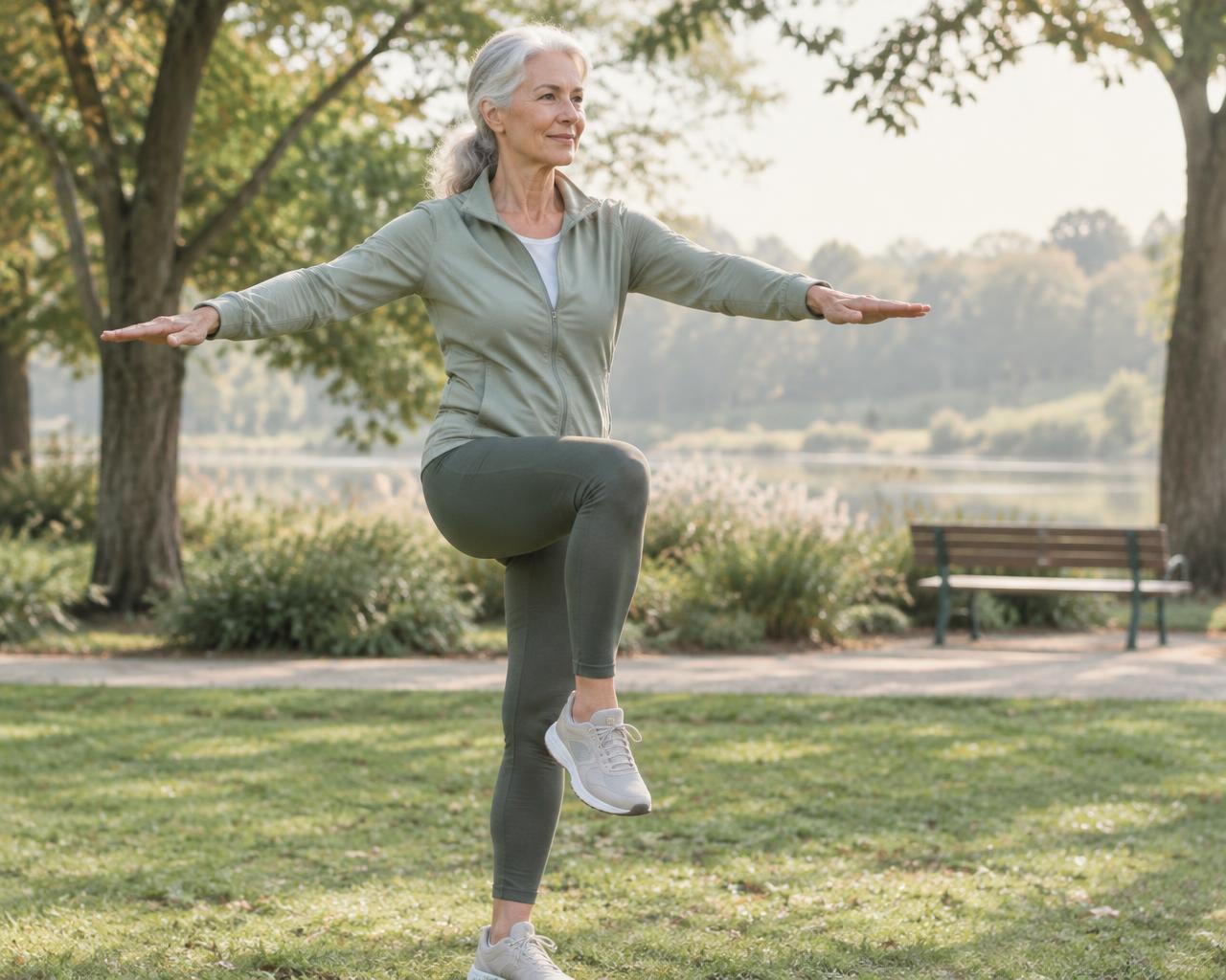 An older woman balancing on one leg during an outdoor mobility session