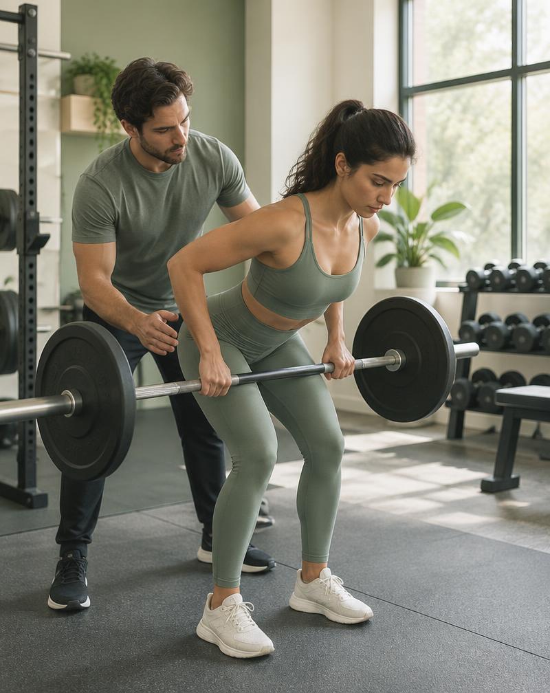 A trainer guiding a client through a barbell row