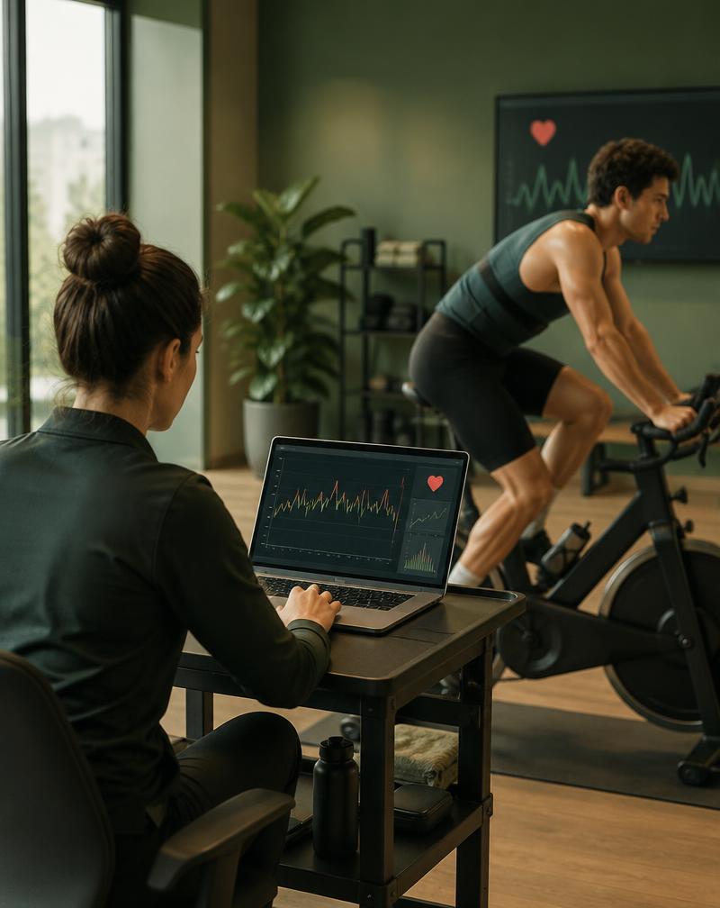 A specialist reviewing training data while an athlete cycles