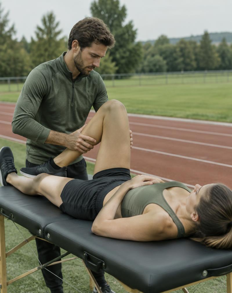 A practitioner checking an athlete's knee mobility beside a track