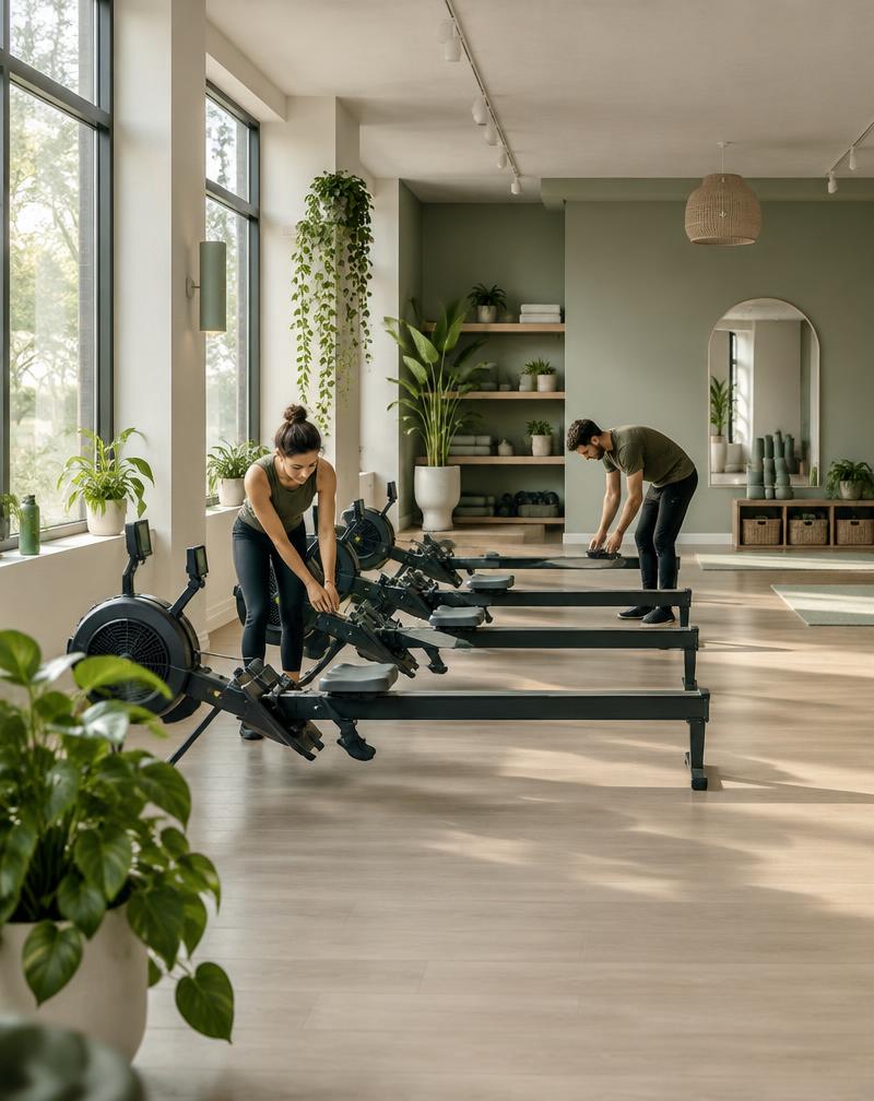 Two people setting up rowing machines in a bright studio