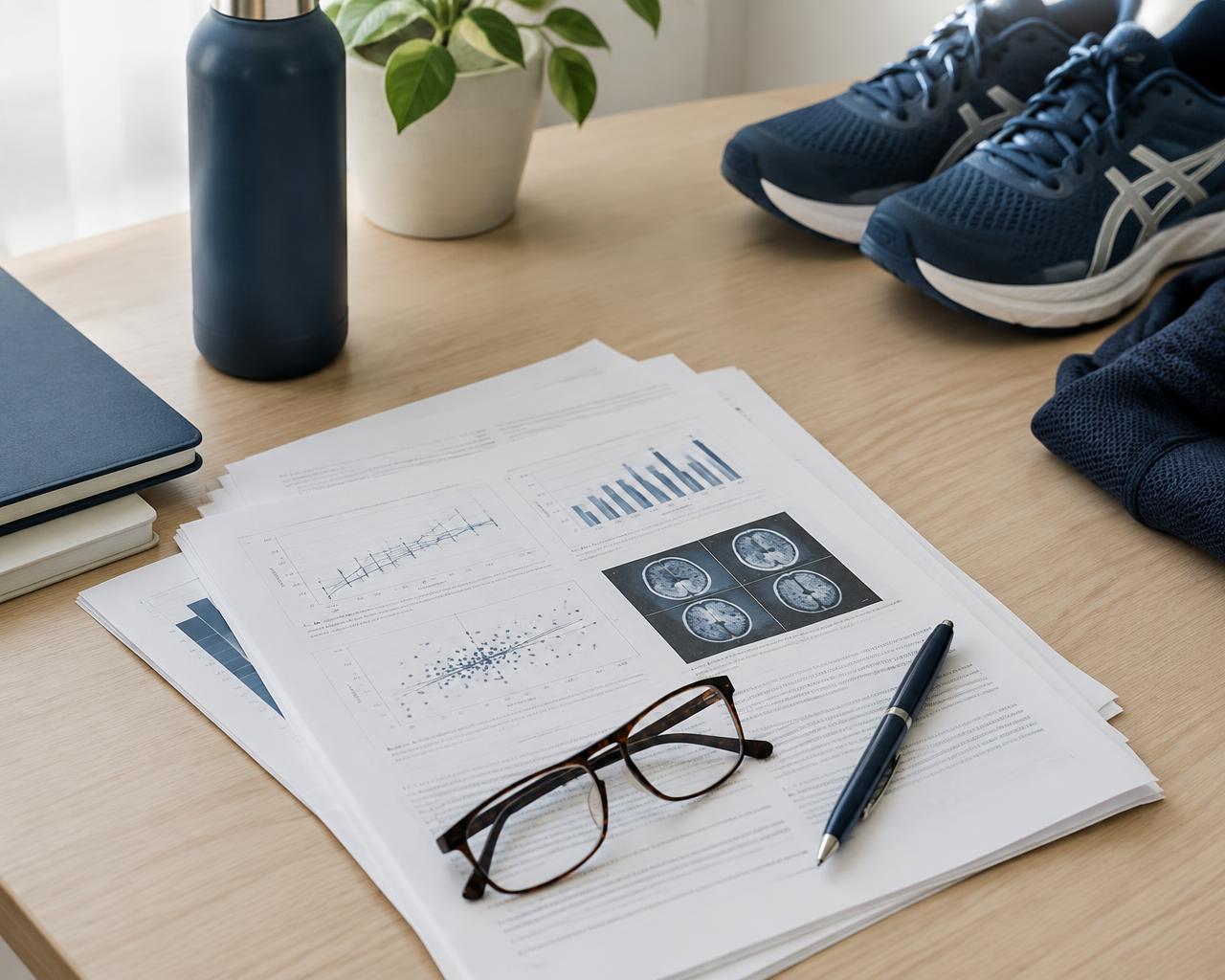 Printed research papers with charts, reading glasses and a pen on a desk beside running shoes