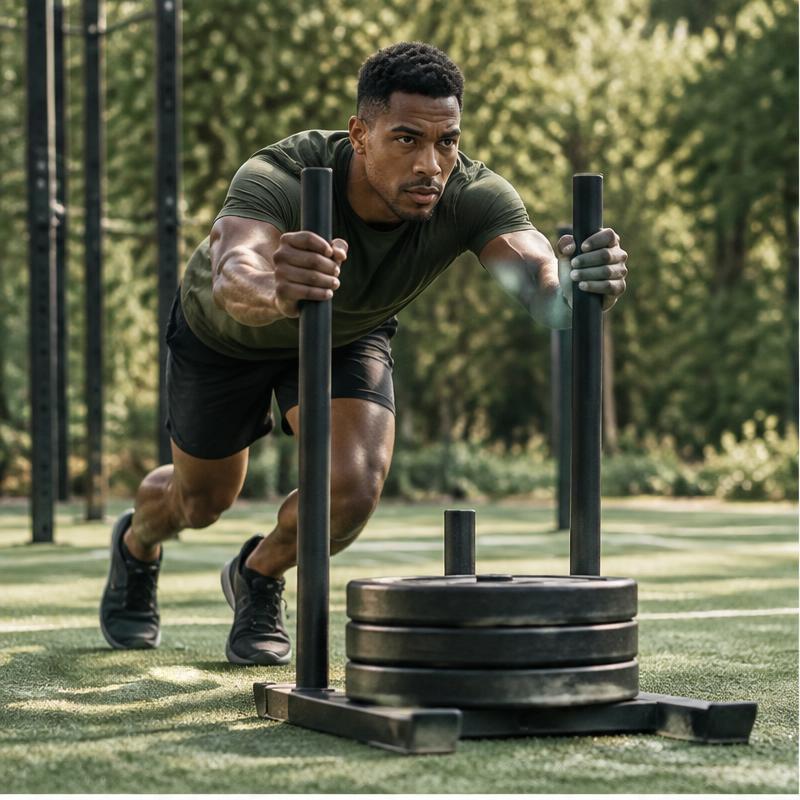 An athlete driving a weighted sled during strength training