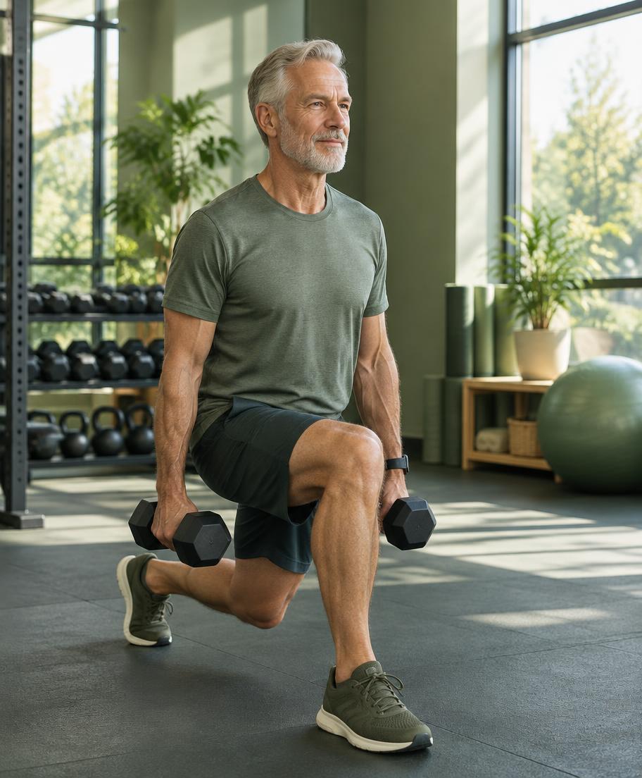 An older man performing a controlled dumbbell lunge