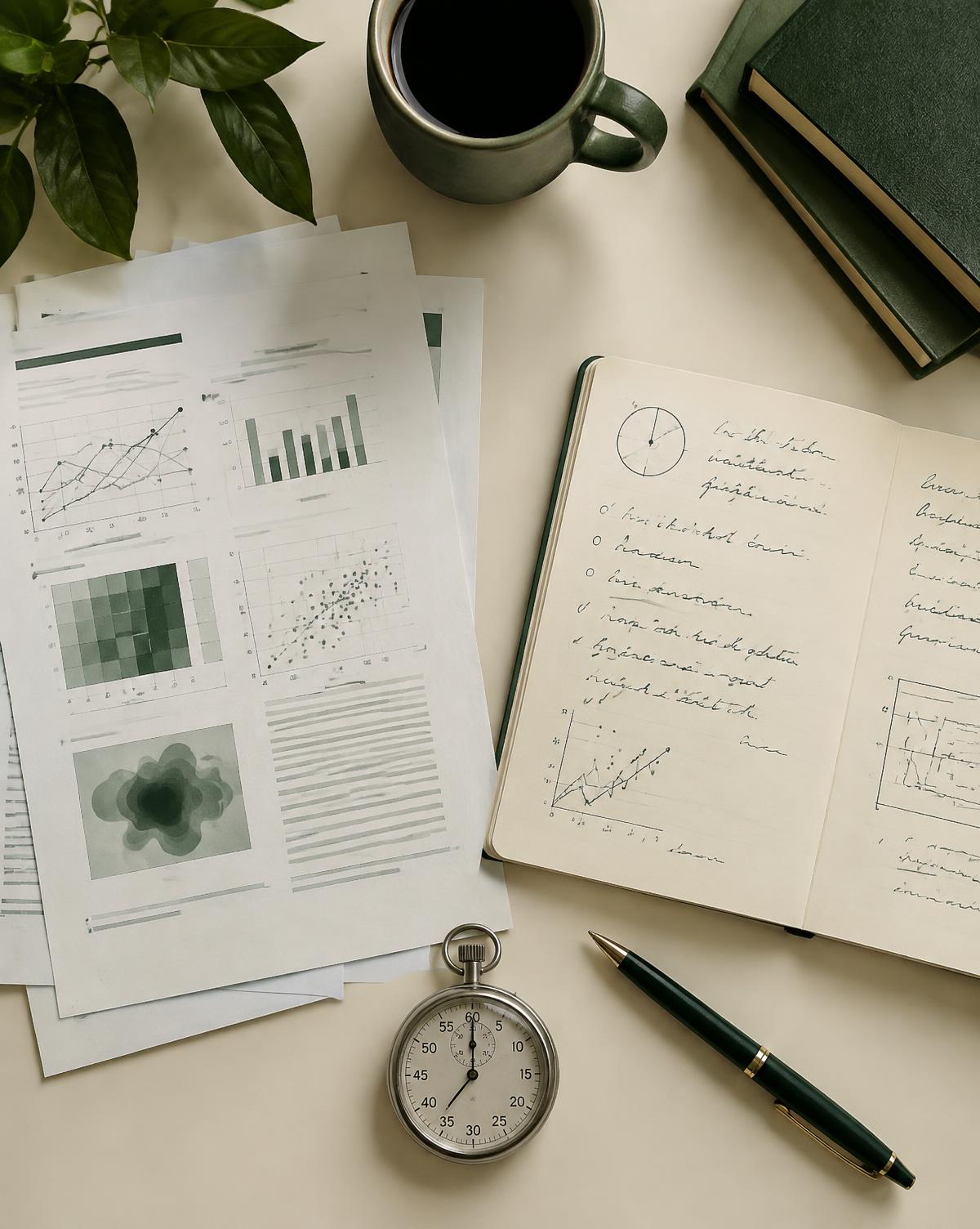 Research papers, training notes and a stopwatch on a desk