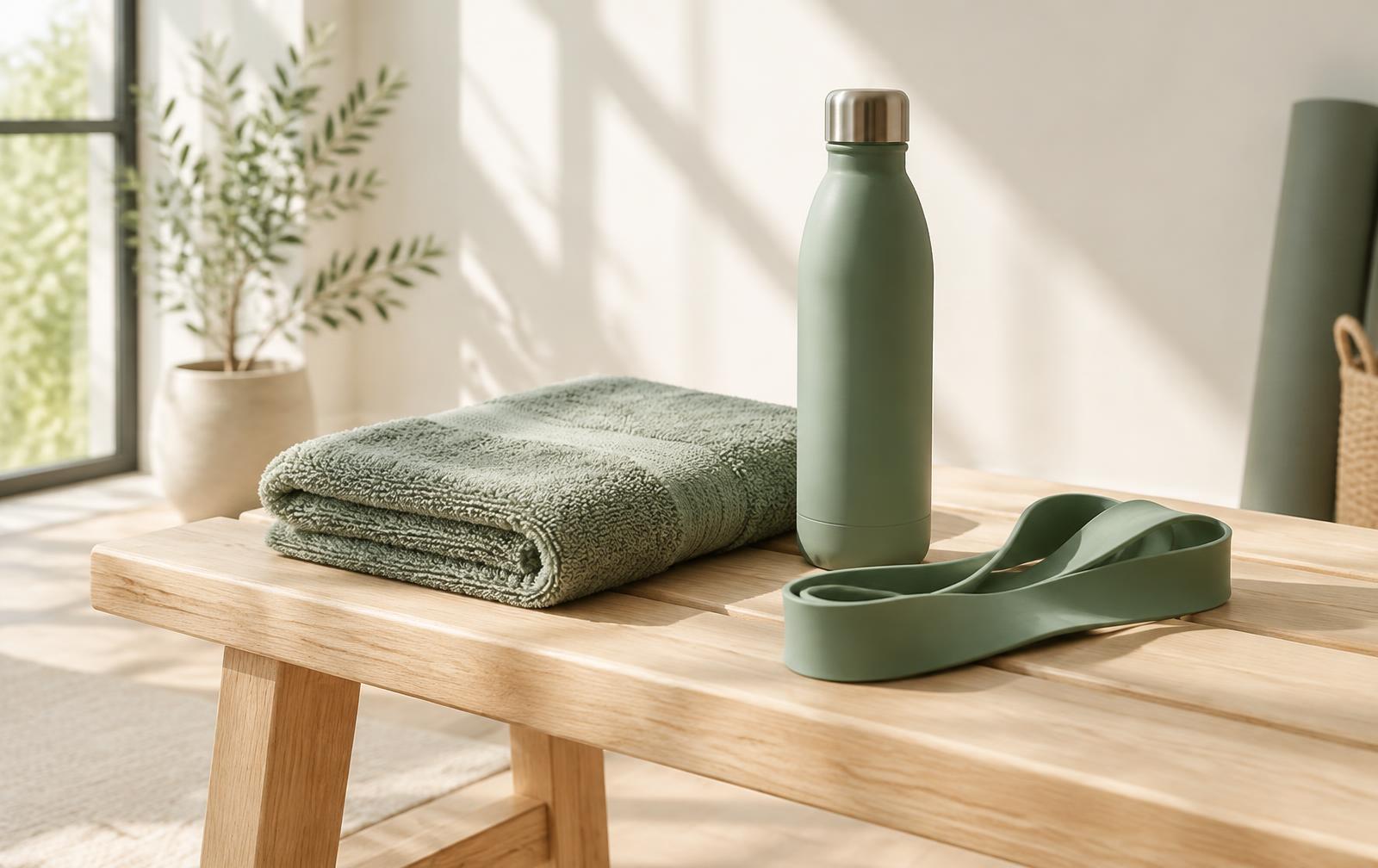 A folded towel, water bottle and resistance band on a wooden bench