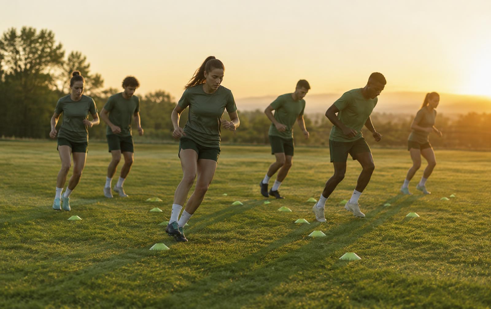 A sports team running conditioning drills at sunset